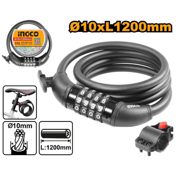 INGCO 4 DIGIT COMBINATION BICYCLE LOCK 12X1200MM DBK21012