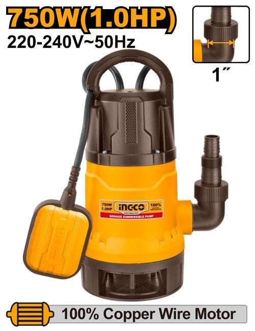 INGCO 1" SEWAGE SUBMERISIBLE PUMP W/FLOAT 1HP 750W MAX HEAD 8M, SPD7508