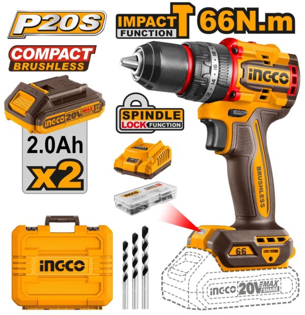 INGCO 20V 2X 2.0AH LI-ION BRUSHLESS IMPACT DRILL CIDLI20668