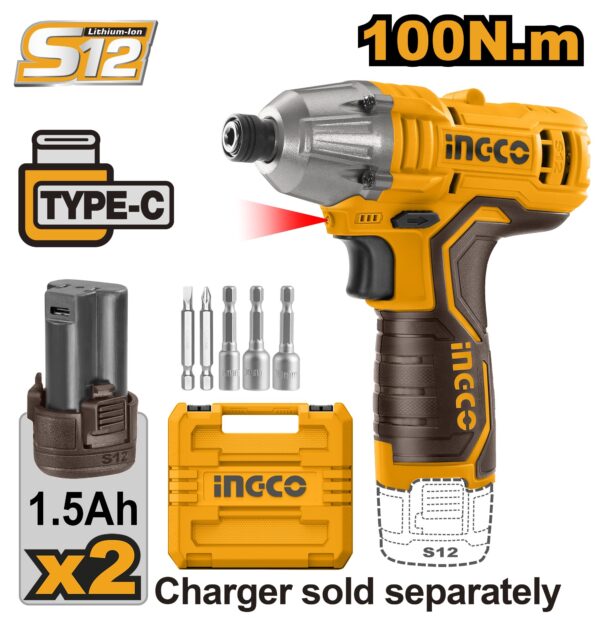 INGCO 12V 2X1.5AH LI-ION IMPACT DRIVER 100NM (NO USB CHARGER) CIRLI12015