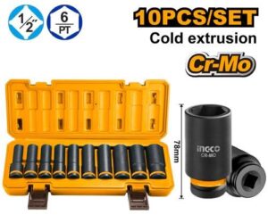 INGCO 10PCS 1/2" DR. CR-MO DEEP MPACT SOCKET SET 10-24MM HKISSD12102L thumbnail