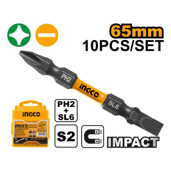 INGCO 10PCS DOUBLE END IMPACT S/DRIVER BIT, (-)6.0 & (+)2X65MM SDBIM21HL133