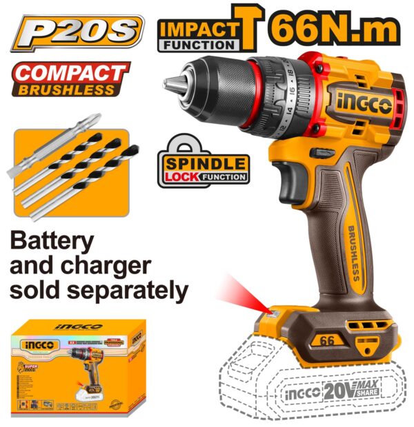 INGCO 20V LI-ION BL IMPACT DRILL 66NM CIDLI206681 (BARE UNIT)