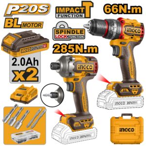 INGCO 20V IMPACT DRILL+ IMPACT DRIVER 285NM 2X2.0, CHARGER+CASE CKLI20277 thumbnail