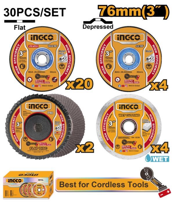 INGCO 30 PCS 76MM CUTTING & GRINDING DISC SET MCD07630
