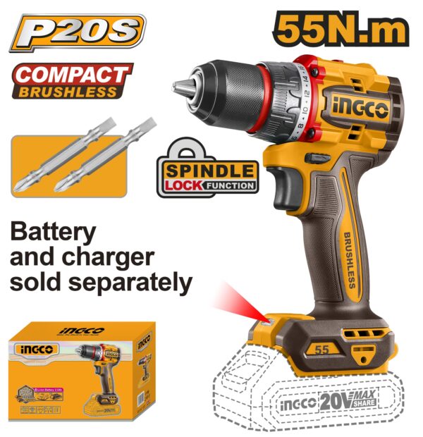 INGCO 20V LI-ION BRUSHLESS DRILL 55NM, CDLI205581 (BARE UNIT)