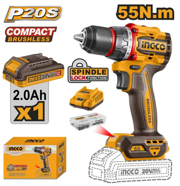 INGCO 20V LI-ION BRUSHLESS DRILL 55NM, 1X20V 2.0AH, CHARGER CDLI205582