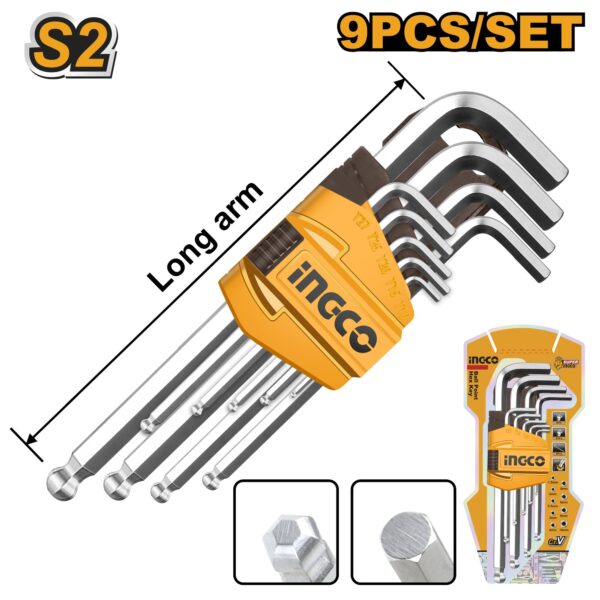 INGCO 9 PCS LONG ARM BALL END HEXA KEY SET 1.5-10MM HHK12091