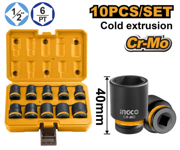 INGCO 10PCS 1/2" DR. CR-MO STANDARD IMPACT SOCKET SET 10-24MM HKISSD12101