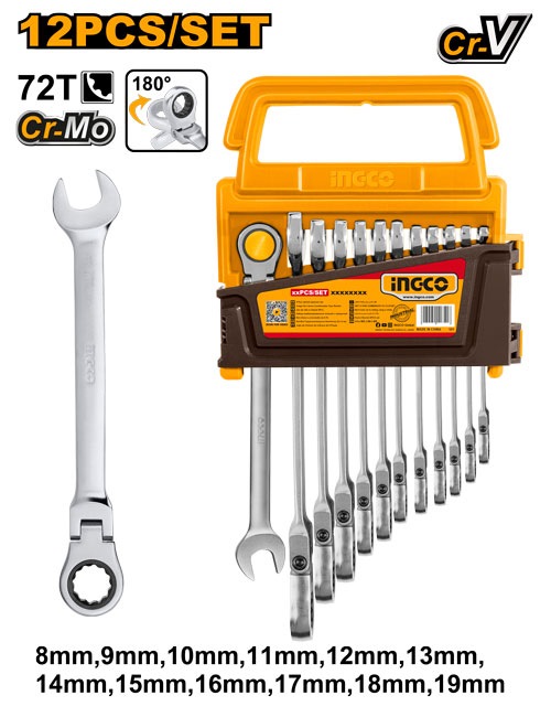 INGCO 12PCS FLEXI RATCHET COMBI SPANNER SET 8~19MM HKSPAR1123