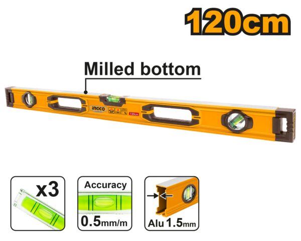 INGCO HEAVY DUTY 3-VIALS ALUM SPIRIT LEVEL 120CM HSL08120*