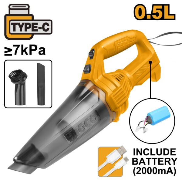 INGCO 12V CORDLESS VACUUM CLEANER BUILT-IN BATTERY (/W USB CHARGER) CVLI2026