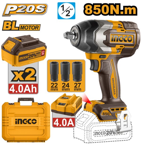 INGCO 20V 2X4.0AH LI-ION BRUSHLESS 1/2" IMPACT WRENCH 850NM CIWLI2085
