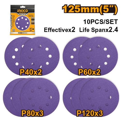 INGCO 10PCS 5" PURPLE ORITAL SANDING DISC 2XP40 & P60, 3XP80 & P120