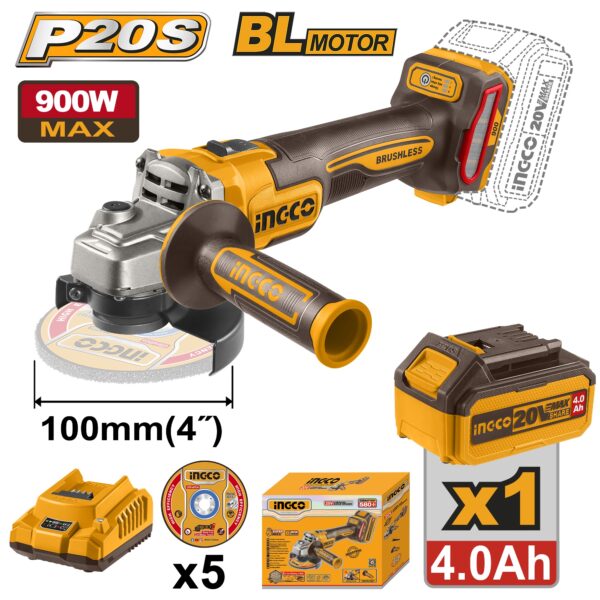 INGCO 20V LI-ION BL ANGLE GRINDER 100MM 3 SPEED 900W 1X4.0AH,CAGLI261021