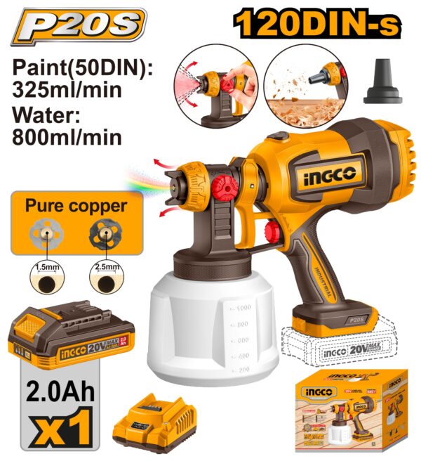 INGCO 20V LI-ION CORDLESS SPRAY GUN 1X2.0 AH + CHARGER CSGLI20042