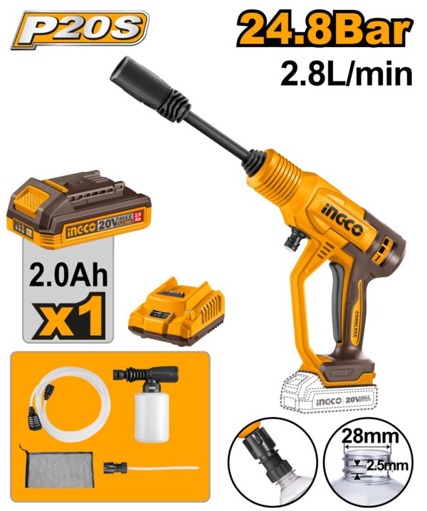 INGCO 20V LI-ION PRESSURE WASHER 24.8 BAR 1X2.0AH+CHRG CPWLI20362