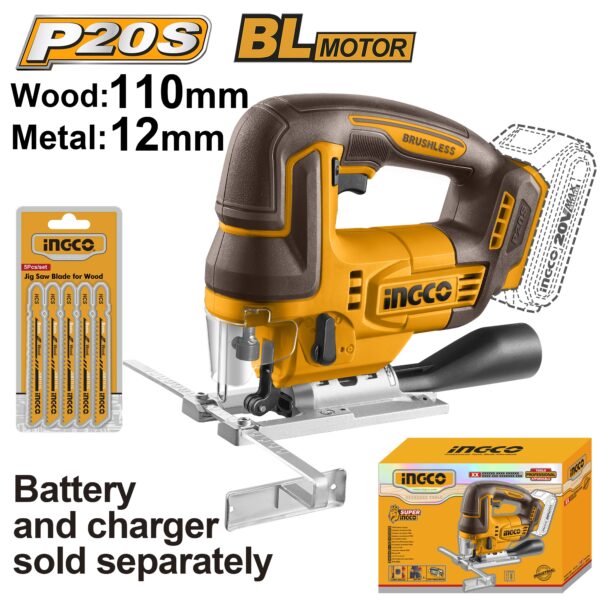 INGCO 20V LI-ION JIGSAW CUT WOOD 110MM, METAL12MM+5 BLADES CJSLI1008 (BARE UNIT)