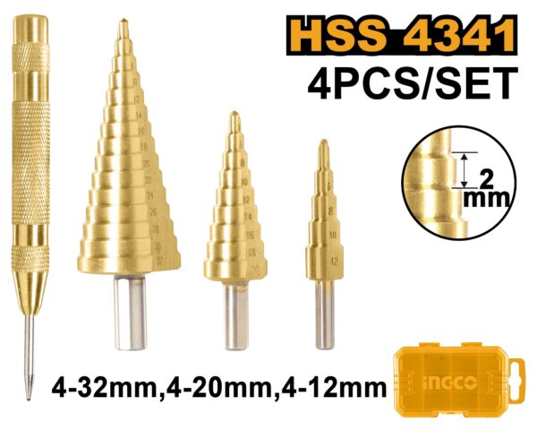 INGCO 3PC HSS STEP DRILL SET 4-12, 4-22,4-32MM+AUTO CENTER PUNCH AKSDS2041