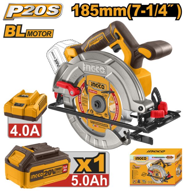 INGCO 20V BRUSHLESS CIRCULAR SAW 185MM 1X5.0AH + CHARGER CSLI18513