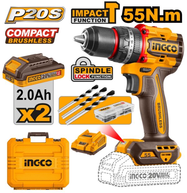 INGCO 20V LI-ION BL IMPACT DRILL 55NM W/2X 2.0AH, CHARGER +CASE CIDLI20558