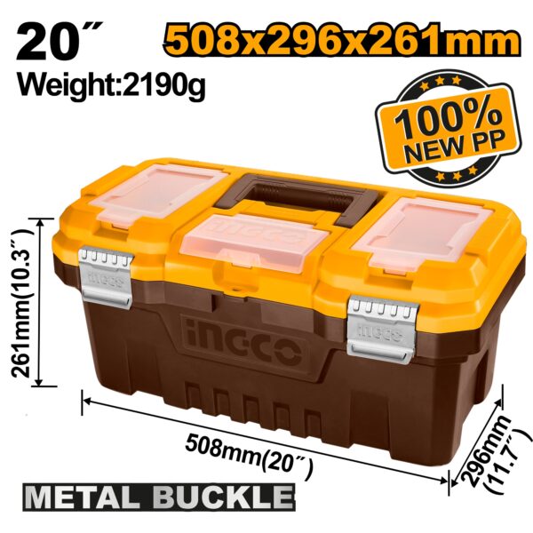 INGCO 20" PLASTIC TOOL BOX METAL LATCH W/ORGANISER 508*296*261MM PBX2002