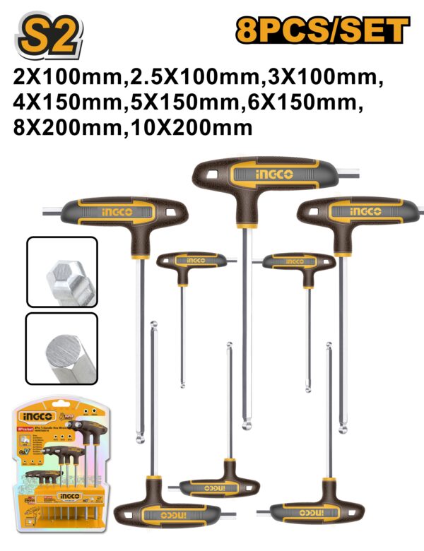 INGCO 8PCS T-HANDLE BALL POINT HEX KEY SET(2-10MM)