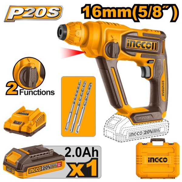 INGCO 20V LI-ION ROTARY HAMMER 16MMØ 1X2.0+CHARGER & CASE CRHLI201681