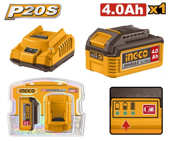INGCO 20V 1X4.0AH BATTERY + 2A CHARGER SET FBCPK1012