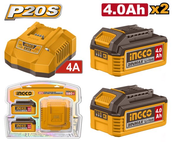 INGCO 20V 2X4.0AH BATTERY + 4A CHARGER SET FBCPK2013