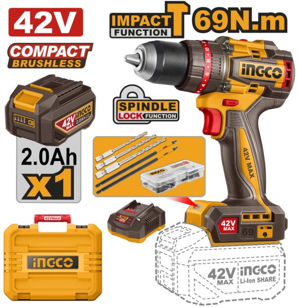 INGCO 42V BL COMPACT IMPACT DRILL 69NM 1X2.0AH & CASE CIDLI426981
