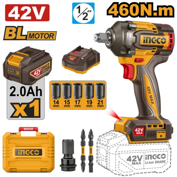 INGCO 42V BL IMPACT WRENCH 460NM 1X2.0AH & CASE CIWLI42461