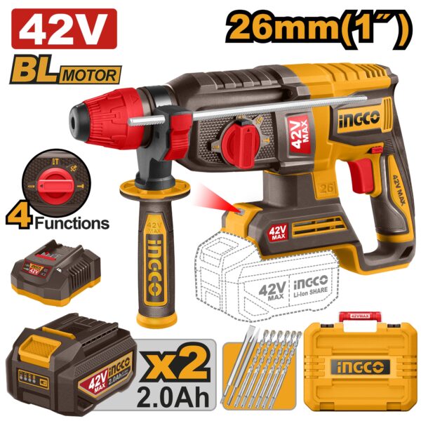 INGCO 42V BL 26MM 4-MODE ROTARY HAMMER 2X2.0AH & CASE CRHLI422682