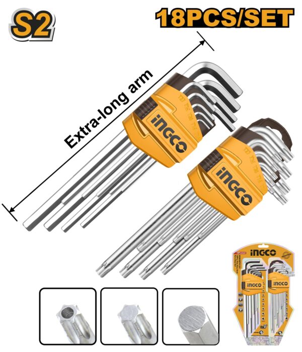 INGCO 18PCS EXTRA LONG HEX KEY(1.5-10MM) & TORX KEY(T10-T50) SET HHKSET0181