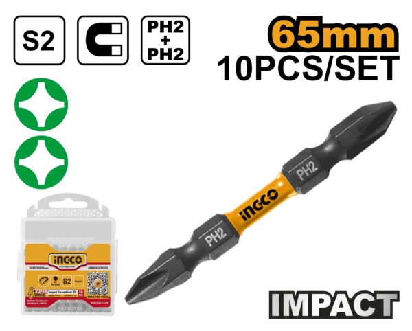 INGCO 10PCS DOUBLE END HIGH IMPACT SCREWDRIVER BIT, (+)2X65MM SDBIM21PH233