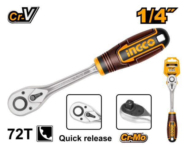 INGCO 1/4" DR. RATCHET HANDLE 45T LENGTH 158MM HRTH0814