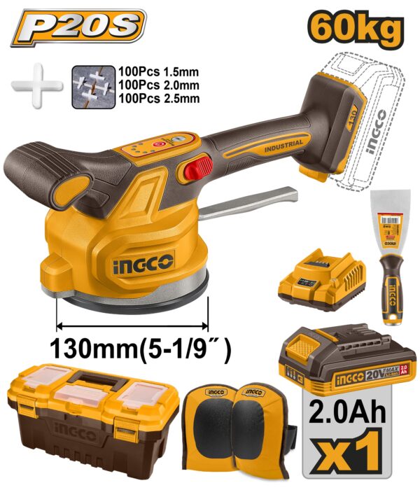 INGCO 20V TILE VIBRATION MACHINE1X2.0AH CHARGER KNEE PADS+BOX CTVLI20015
