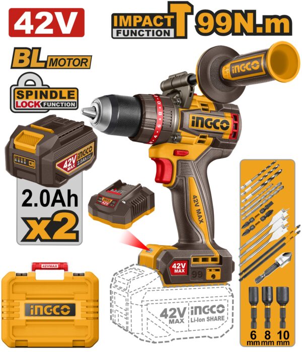 INGCO 42V BL COMPACT IMPACT DRILL 99NM 2X2.0AH & CASE CIDLI429982