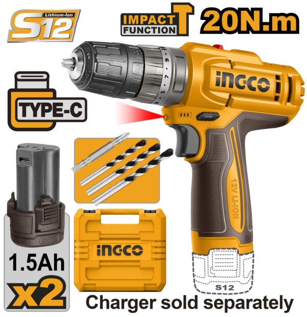 INGCO 12V 20NM IMPACT DRILL 2X12V 1.5AH BATT (NO USB CHARGER) CIDLI12206