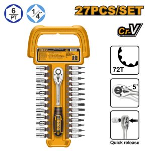 INGCO 27PCS 1/4" DR. SOCKET SET 4-14MM W/72T RATCHET HANDLE HKTS14271 thumbnail