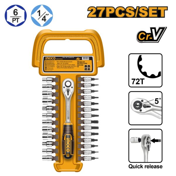 INGCO 27PCS 1/4" DR. SOCKET SET 4-14MM W/72T RATCHET HANDLE HKTS14271