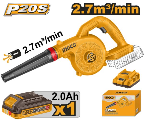 INGCO 20V LI-ION BLOWER 18,000RPM 2.7M3/MIN 1X2.0AH+CHGR CABLI20781