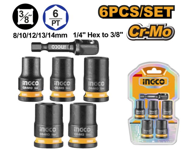 INGCO 6PCS 3/8" IMPACT SOCKETS+1/4" HEXA-3/8" IMP. ADAPTOR SET HKISSD38061