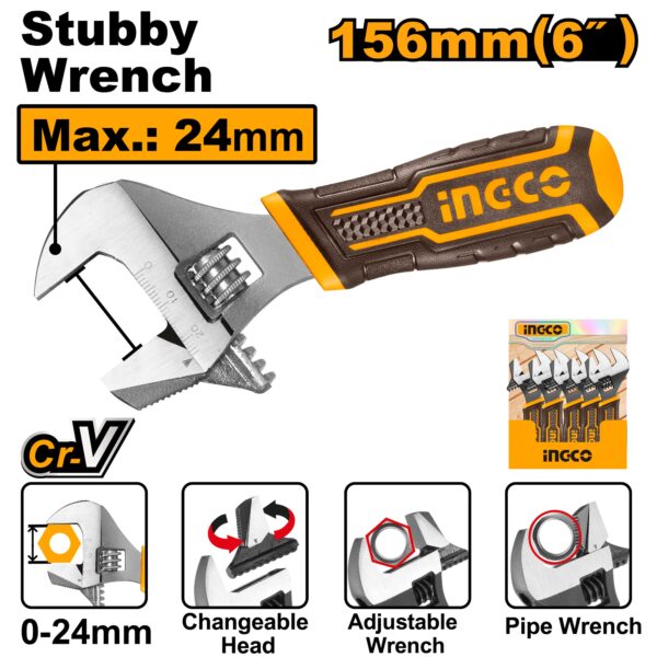 INGCO 2 IN 1 STUBBY ADJUSTABLE WRENCH 156MM 6" HADWS088