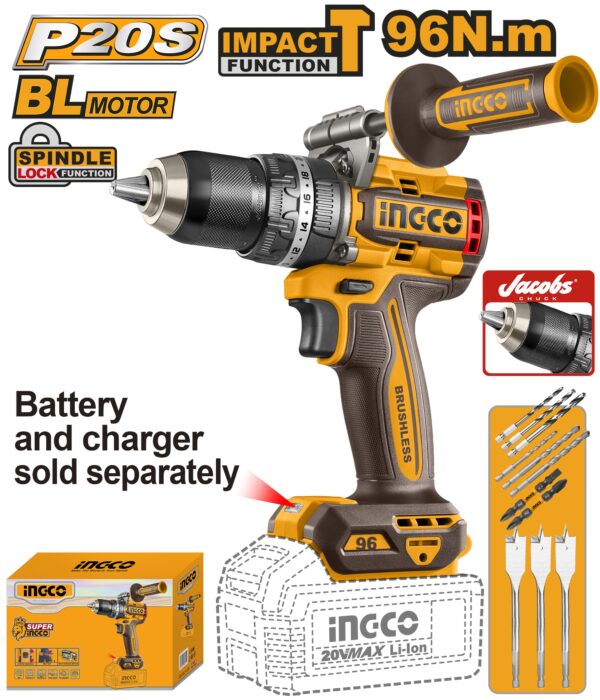 INGCO 20V LI-ION BL IMPACT DRILL 96NM CIDLI209685 (BARE UNIT)