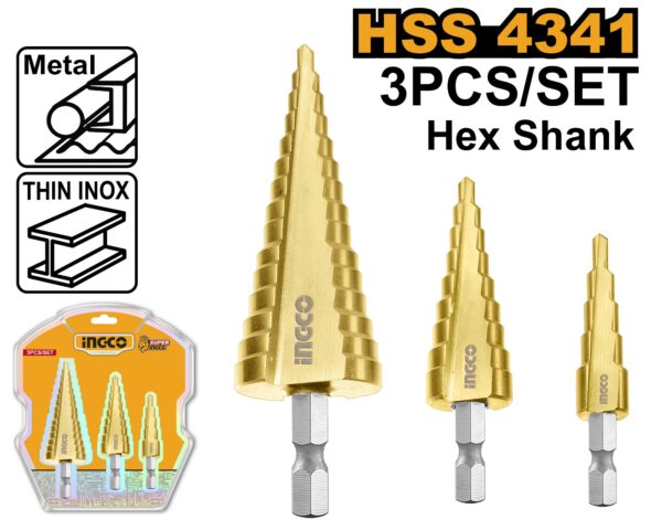 INGCO 3PC HSS STEP DRILL SET 4-12, 4-20, 4-32MM HEX SHANK AKSDS80402