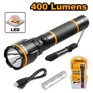 INGCO AVIATION GRADE ALU ALLOY FLASHLIGHT 18650 BATT.450 LUMENS HCFL1865051 thumbnail