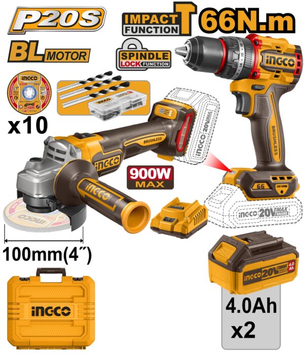 INGCO 20V IMPACT DRILL & GRINDER COMBO KIT 2X4.0AH+CASE CKLI2027310