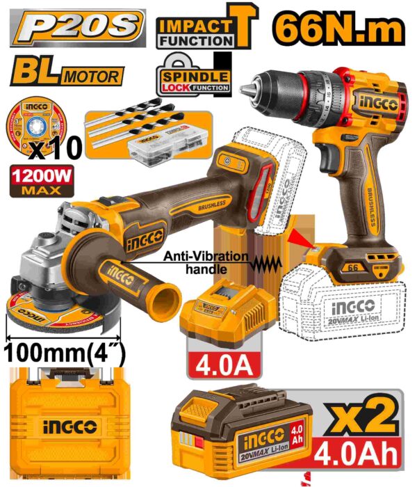 INGCO 20V 1200W 4"GRINDER+66NM IMPACT DRILL COMBO 2X4.0AH+CASE CKLI2025610
