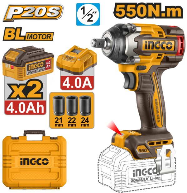 INGCO 20V BL 1/2" IMPACT WRENCH 550NM,2X 4.0AH, CHARGER & CASE CIWLI2055